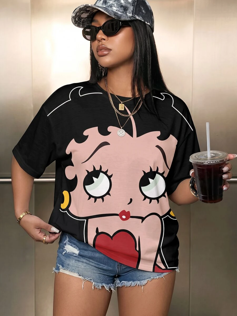 Betty Boop x SHEIN Plus Size Summer Casual Anti Social Cartoon Print T-Shirt Formal Vacation Black - White - View 1