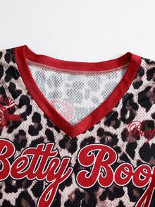 Betty Boop x SHEIN Plus Size Women's Leopard Print V-Neck Short Sleeve Casual T-Shirt - Brown - View 5