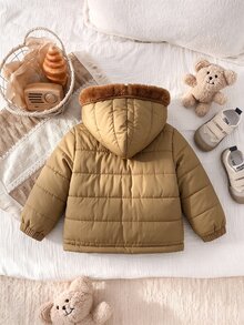 SHEIN 1件幼童男孩棕色學院風鋪棉夾克，絎縫毛絨內裡，長袖連帽加厚戶外冬款，適合聖誕、秋季、假日、婚禮賓客，全開襟拉鍊 - 棕色 - 查看 2