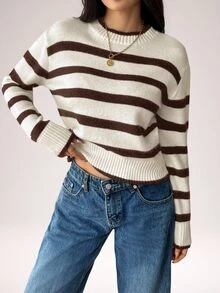 SHEIN PETITE 女款立領黑白條紋長袖極簡毛衣，休閒日常穿著，小碼版型，適合秋冬 - 棕色 - 查看 6