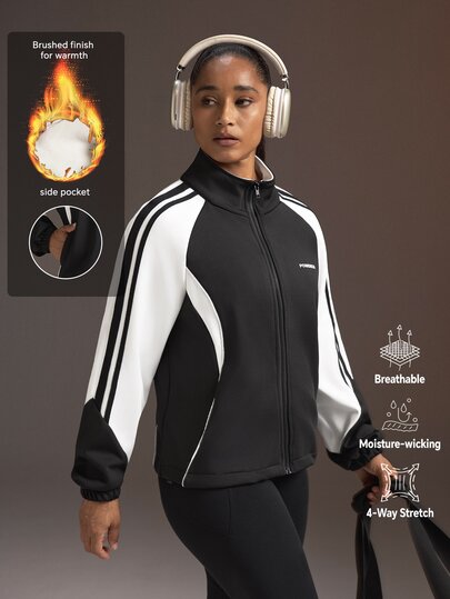 Powerista Vintage Black & White Casual Fleece Sports Jacket Running Gym Fitness Workout Fleece-Lined And Thickened For Warmth Winter Autumn Daily Going Out