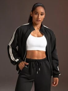 Powerista 女款側條紋拉鍊門襟休閒運動夾克 跑步健身健身房運動用 抓絨內裡加厚保暖 秋冬日常穿著 黑色 - 黑色 - 查看 5