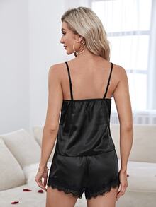 SilkySpell Lace Trim Satin Cami Top & Shorts PJ Set / Pajama Set - Black - View 2