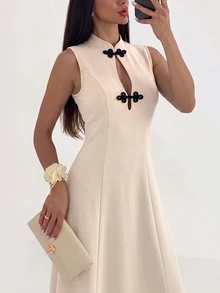 Firerie New Chinese-Style Slim-Fit Knitted Qipao Dress With Frog Closures And Subtle Cut-Out Detailing,Outfit For Women,Christmas Party Dress - Apricot - View 6