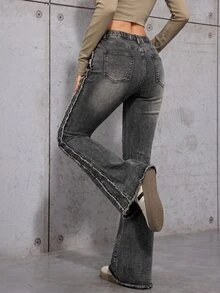 SHEIN Teen Girls Design Dark Gray Denim Stretch Skinny Flare Pants Fall Winter 2026 Cute Y2k Versatile Halloween New Year - Grey - View 6