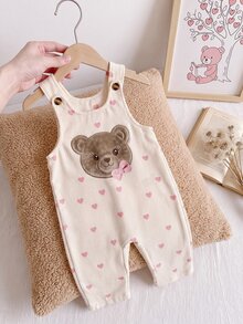 SHEIN Playful Pals 女嬰女孩中性嬰兒幼兒燈芯絨套裝 春秋休閒吊帶褲 粉色 卡其色 灰色 印花 - 白色 - 查看 3