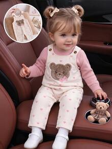 SHEIN Playful Pals 女嬰女孩中性嬰兒幼兒燈芯絨套裝 春秋休閒吊帶褲 粉色 卡其色 灰色 印花 - 白色 - 查看 1