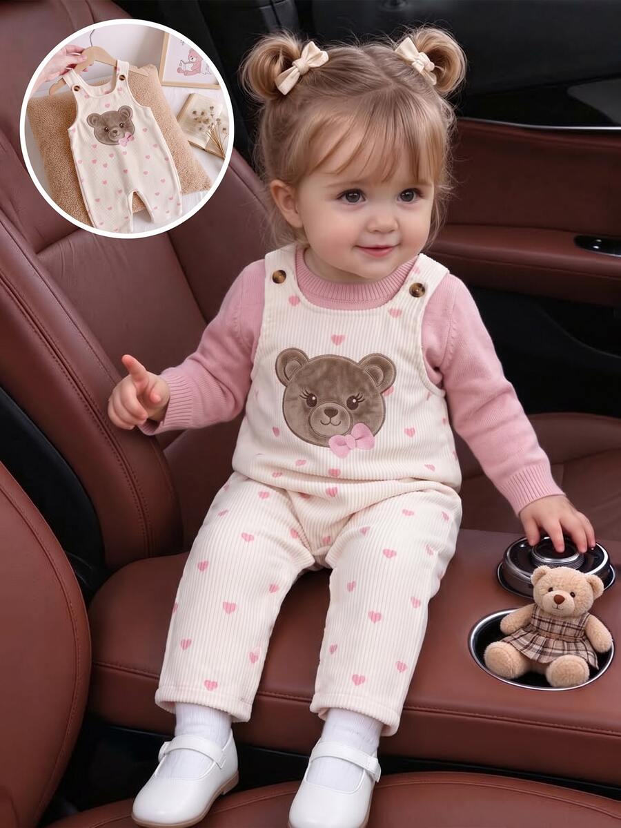 SHEIN Playful Pals 女嬰女孩中性嬰兒幼兒燈芯絨套裝 春秋休閒吊帶褲 粉色 卡其色 灰色 印花 - 白色 - 查看 1