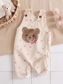SHEIN Playful Pals 女嬰女孩中性嬰兒幼兒燈芯絨套裝 春秋休閒吊帶褲 粉色 卡其色 灰色 印花 - 白色 - 查看 4