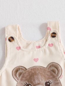 SHEIN Playful Pals 女嬰女孩中性嬰兒幼兒燈芯絨套裝 春秋休閒吊帶褲 粉色 卡其色 灰色 印花 - 白色 - 查看 5