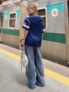 BiaLiraa 女士夏季运动休闲撞色边饰数字印花透气 T 恤 - 藍色 - 查看 2