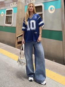 BiaLiraa 女士夏季运动休闲撞色边饰数字印花透气 T 恤 - 藍色 - 查看 4