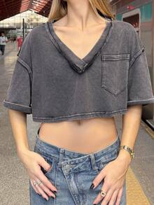BiaLiraa 黑色针织女式短款 T 恤，简约时尚，休闲日常穿着 - 深灰色 - 查看 6
