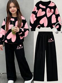 Girls' Leopard Print Drop Shoulder Sweatshirt And Wide Leg Pants 2 Pieces Set, Casual Long Sleeve Streetwear, Autumn/Winter Daily Outfit - Multicolor - View 1