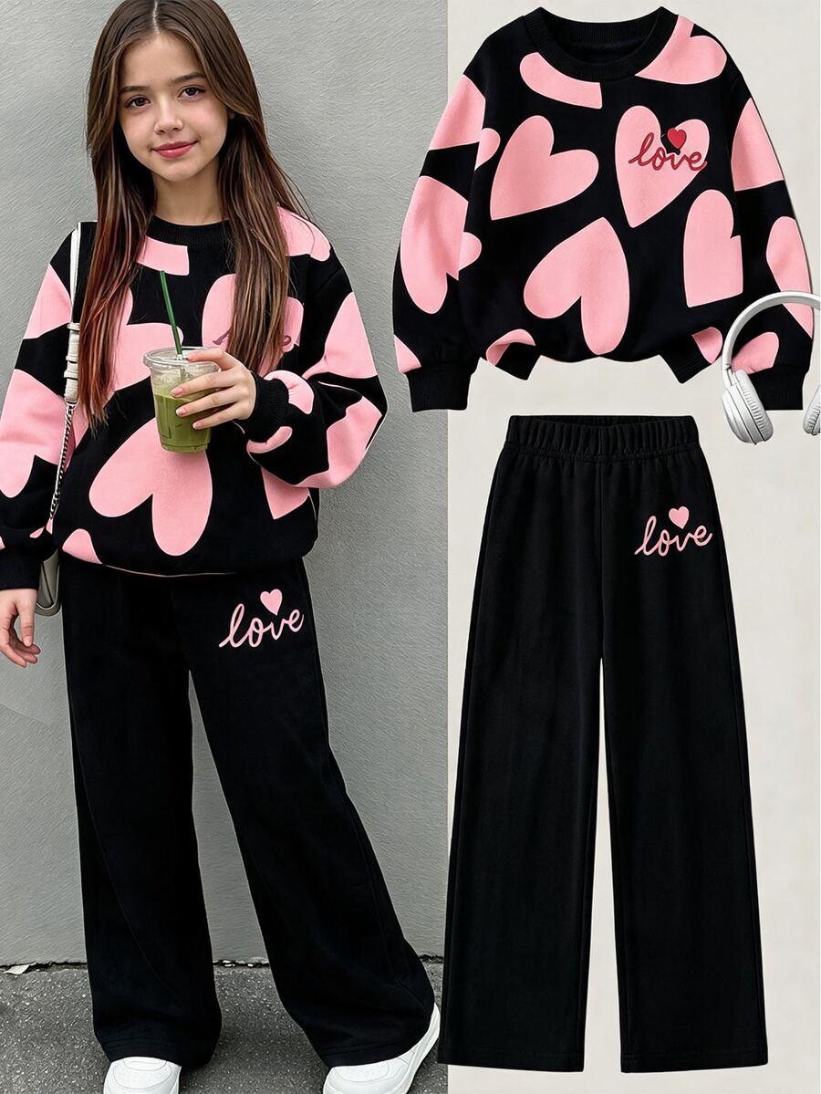 Girls' Leopard Print Drop Shoulder Sweatshirt And Wide Leg Pants 2 Pieces Set, Casual Long Sleeve Streetwear, Autumn/Winter Daily Outfit - Multicolor - View 1