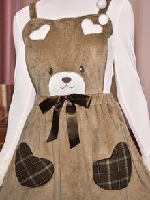 ROMWE Kawaii فستان قصير من القطيفة بتصميم دب كاواي لبيت الدمى، مع حمالات، للنساء، للخريف/الشتاء - كاكي - مشاهدة 2