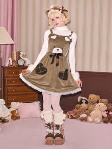 ROMWE Kawaii فستان قصير من القطيفة بتصميم دب كاواي لبيت الدمى، مع حمالات، للنساء، للخريف/الشتاء - كاكي - مشاهدة 6
