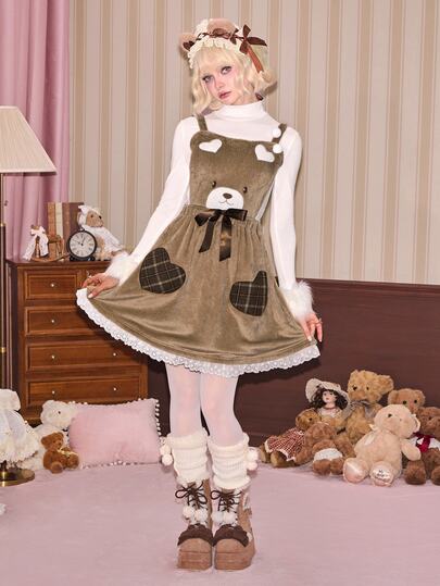 ROMWE Autumn/Winter Dollhouse Girl Kawaii Bear Design Plush Short Dress With Straps For Women