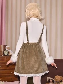ROMWE Kawaii فستان قصير من القطيفة بتصميم دب كاواي لبيت الدمى، مع حمالات، للنساء، للخريف/الشتاء - كاكي - مشاهدة 4