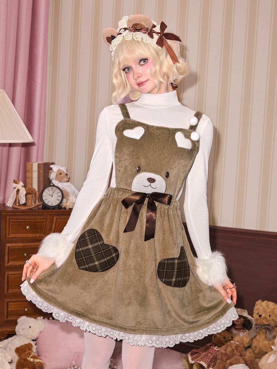 ROMWE Kawaii فستان قصير من القطيفة بتصميم دب كاواي لبيت الدمى، مع حمالات، للنساء، للخريف/الشتاء - كاكي - مشاهدة 1