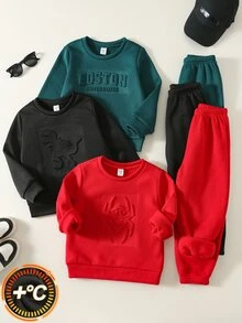 SHEIN 6件組兒童小男孩休閒可愛3D壓紋圓領長袖衛衣與寬鬆收口長褲2件套，3款各1件，共6件，適合通勤、上學、日常休閒、度假、旅行、運動，聖誕禮物 - 彩色 - 查看 1