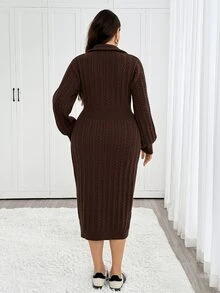 Easowa Curve Plus Size Women's Solid Color Casual Minimalist Summer Knit Dress - Coffee Brown - View 8
