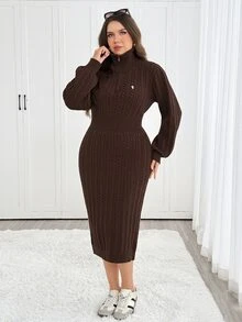 Easowa Curve Plus Size Women's Solid Color Casual Minimalist Summer Knit Dress - Coffee Brown - View 9