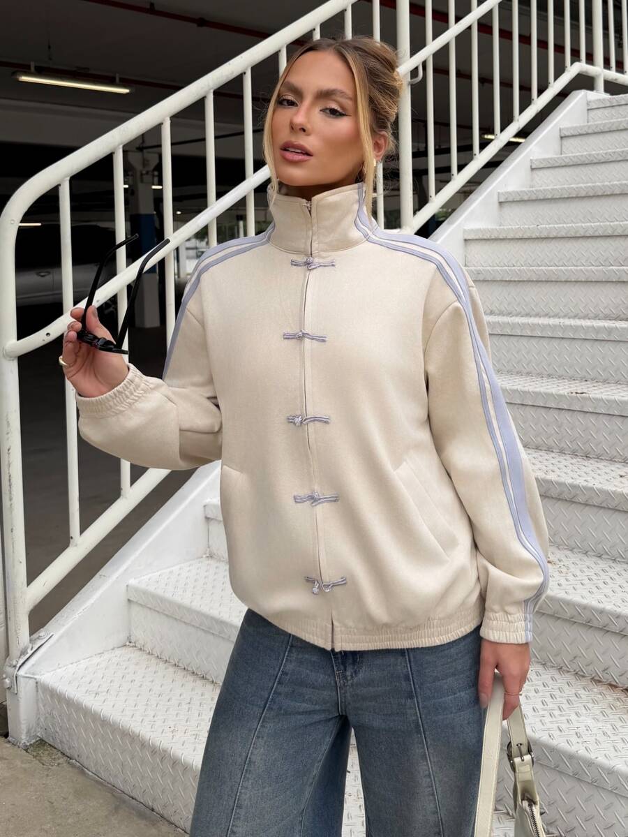 BiaLiraa 杏色撞色针织绒面革女士轻薄长袖外套 - 杏色 - 查看 1