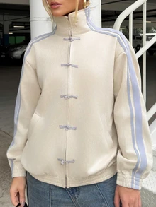 BiaLiraa 杏色撞色针织绒面革女士轻薄长袖外套 - 杏色 - 查看 5