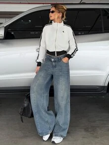 BiaLiraa 女士秋季街头服饰简约基本款日常运动服返校节条纹纹理装饰白色短款运动衫夹克 - 白色 - 查看 3