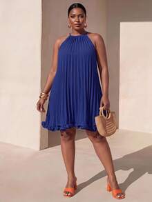Zivah Spring/Summer New Arrival Vacation Casual & Daily Outing & Boho & Beach Holiday & Bonfire Party & Holiday & Casual & Elegant Party & Date Cute Comfortable Summer Loose Solid Orange Sleeveless Halter Tie-Knot Full Ruched A-Line Ruffled Hem Plus Size Mini Dress - Blue - View 1