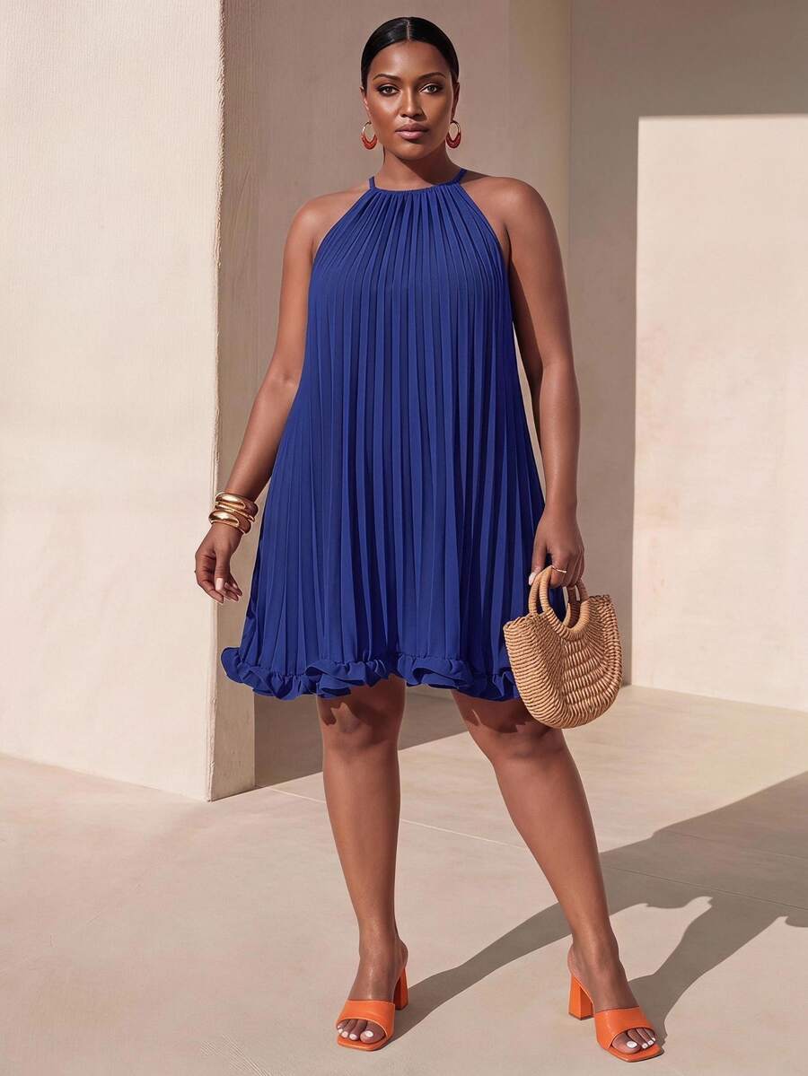 Zivah Spring/Summer New Arrival Vacation Casual & Daily Outing & Boho & Beach Holiday & Bonfire Party & Holiday & Casual & Elegant Party & Date Cute Comfortable Summer Loose Solid Orange Sleeveless Halter Tie-Knot Full Ruched A-Line Ruffled Hem Plus Size Mini Dress - Blue - View 1