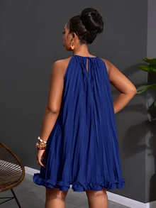 Zivah Spring/Summer New Arrival Vacation Casual & Daily Outing & Boho & Beach Holiday & Bonfire Party & Holiday & Casual & Elegant Party & Date Cute Comfortable Summer Loose Solid Orange Sleeveless Halter Tie-Knot Full Ruched A-Line Ruffled Hem Plus Size Mini Dress - Blue - View 4