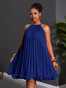 Zivah Spring/Summer New Arrival Vacation Casual & Daily Outing & Boho & Beach Holiday & Bonfire Party & Holiday & Casual & Elegant Party & Date Cute Comfortable Summer Loose Solid Orange Sleeveless Halter Tie-Knot Full Ruched A-Line Ruffled Hem Plus Size Mini Dress - Blue - View 6