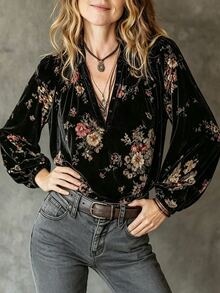 SHEIN Women's French Vintage Print Small V-Neck Design Long Sleeve Loose Blouse, Casual Elegant Wear - Black - View 6