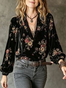 SHEIN Women's French Vintage Print Small V-Neck Design Long Sleeve Loose Blouse, Casual Elegant Wear - Black - View 7
