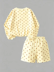 SHEIN 青少年女孩棕色波點印花運動衫套裝，秋季穿著，寬鬆圓領 + 短褲，初秋新品，休閒可愛，度假家庭套裝 - 黃色 - 查看 7