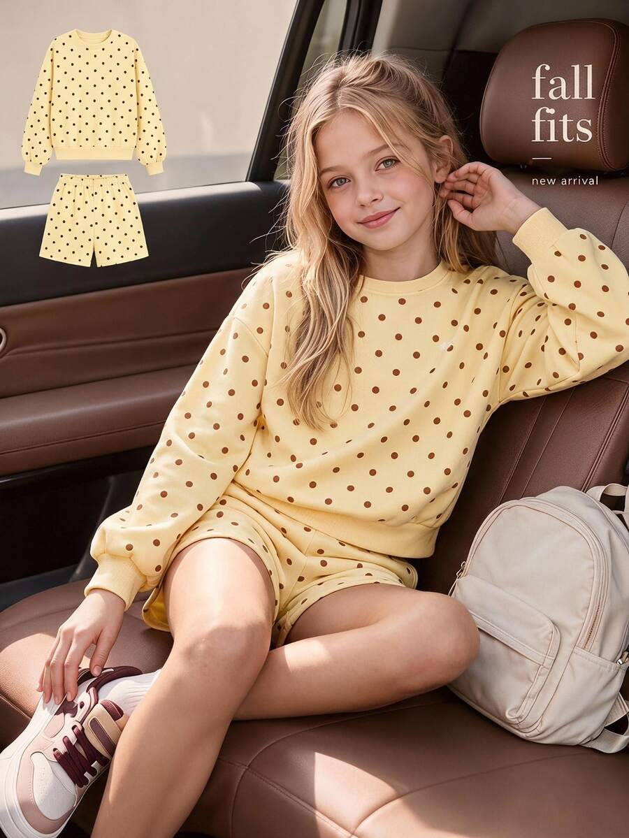 SHEIN Tween Girls Brown Polka Dot Print Sweatshirt Set, Fall Wear, Loose Round Neck +Shorts, Early Autumn New Arrival, Casual Cute, Vacation Family Matching