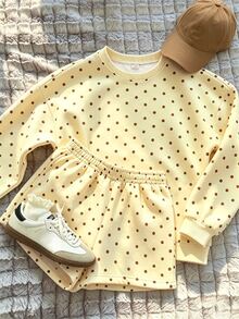 SHEIN 青少年女孩棕色波點印花運動衫套裝，秋季穿著，寬鬆圓領 + 短褲，初秋新品，休閒可愛，度假家庭套裝 - 黃色 - 查看 5