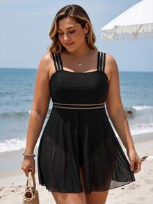 SHEIN Swim Curve 大碼夏季海灘一片式游泳衣，帶背心帶，2件套裝 - 黑色 - 查看 6