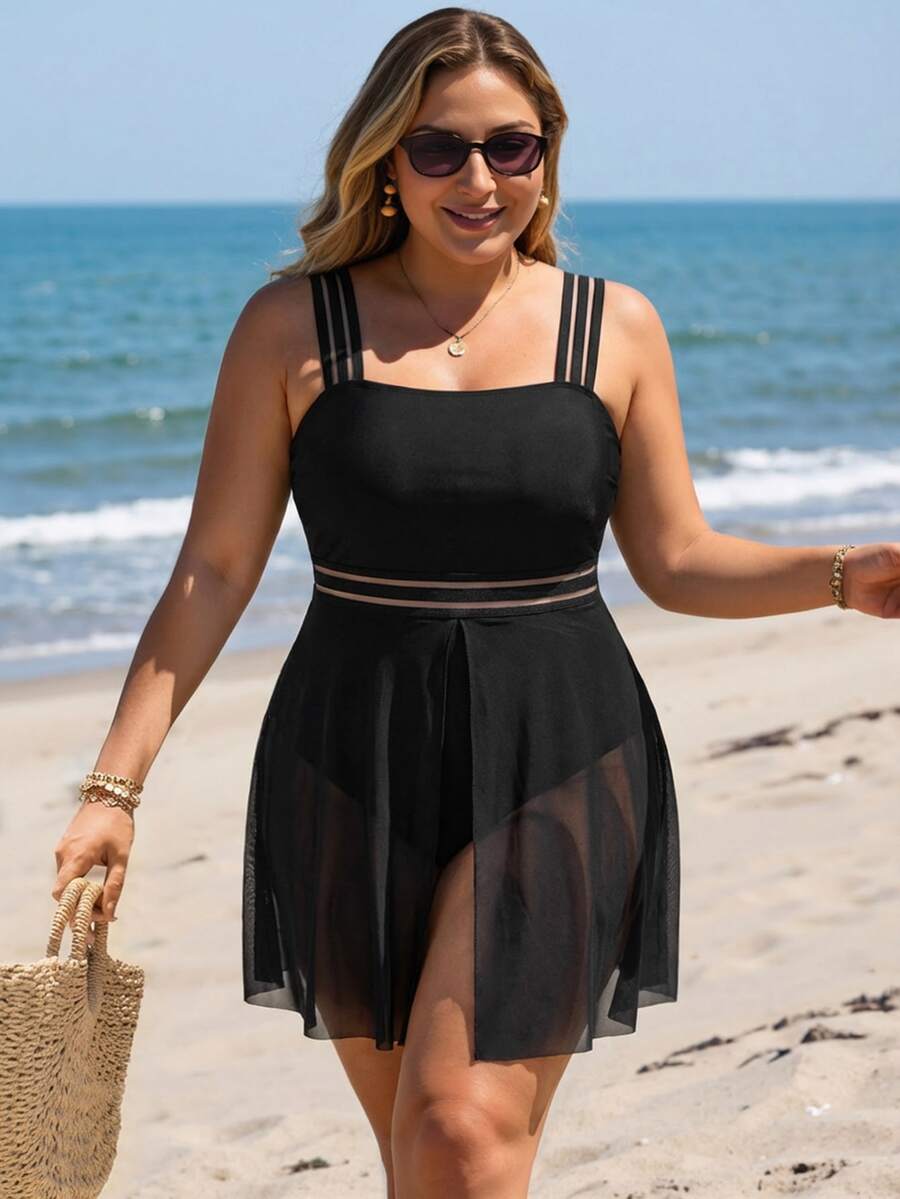 SHEIN Swim Curve 大碼夏季海灘一片式游泳衣，帶背心帶，2件套裝 - 黑色 - 查看 1