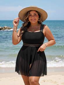 SHEIN Swim Curve 大碼夏季海灘一片式游泳衣，帶背心帶，2件套裝 - 黑色 - 查看 4