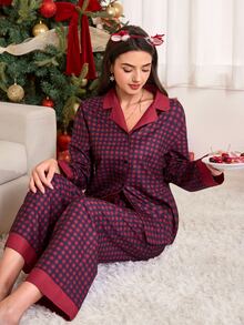 CoupledUp Bộ đồ mặc nhà nữ xuân/thu màu đỏ rượu vang họa tiết kẻ caro, quần và áo dài tay - Đỏ - Xem 4