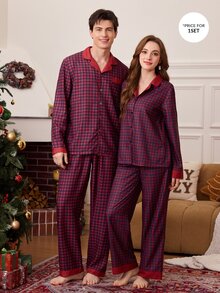 CoupledUp Bộ đồ mặc nhà nữ xuân/thu màu đỏ rượu vang họa tiết kẻ caro, quần và áo dài tay - Đỏ - Xem 7