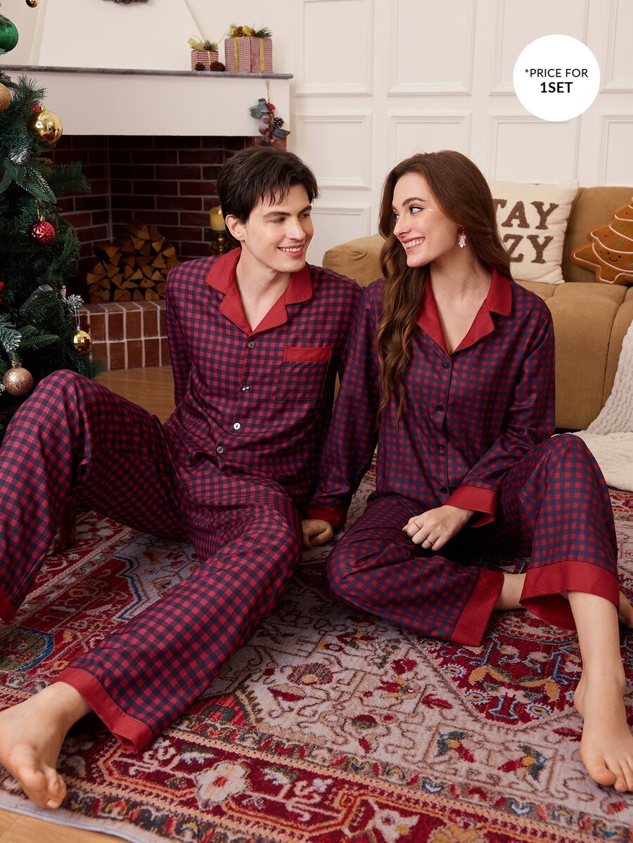 CoupledUp Bộ đồ mặc nhà nữ xuân/thu màu đỏ rượu vang họa tiết kẻ caro, quần và áo dài tay - Đỏ - Xem 1