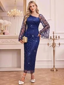 Amorya 女款奢華亮片刺繡洋裝，適合晚宴、正式雞尾酒會、晚餐派對、夜晚場合，海軍藍花卉圖案，秋季成熟性感優雅新年款 - 藏蓝色 - 查看 3