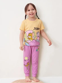 TOM & JERRY X SHEIN Young Girl Letter Print Short Sleeve T-Shirt And Long Pants Loungewear Set - Pink - View 1