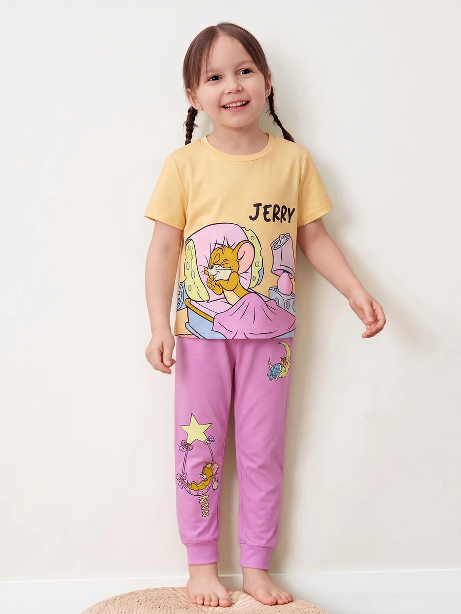 TOM & JERRY X SHEIN Young Girl Letter Print Short Sleeve T-Shirt And Long Pants Loungewear Set - Pink - View 1
