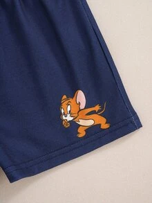 TOM & JERRY X SHEIN 男嬰條紋短袖T恤與短褲休閒套裝 - 藍色 - 查看 8