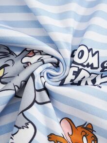TOM & JERRY X SHEIN 男嬰條紋短袖T恤與短褲休閒套裝 - 藍色 - 查看 6